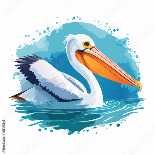A beautiful white pelican with a large orange beak and black-tipped wings, swimming in stylized blue water.