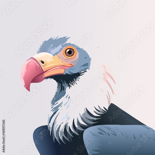 Illustrated portrait of a vulture with a blue head, pink beak, and white feathered ruff.