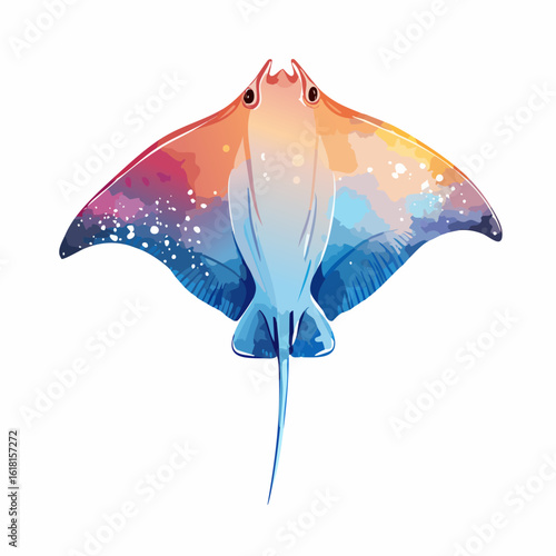 Artistic stingray illustration with a cosmic watercolor gradient and speckled details.