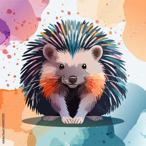 Colorful stylized hedgehog with vibrant blue and orange quills, sitting in a front-facing pose.