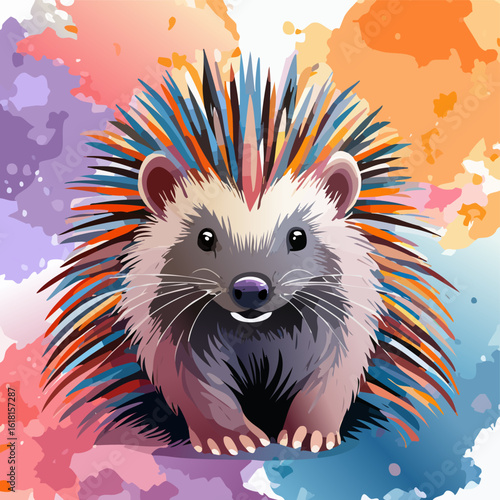 A cheerful, stylized hedgehog with vibrant, multi-colored quills and a friendly smile.