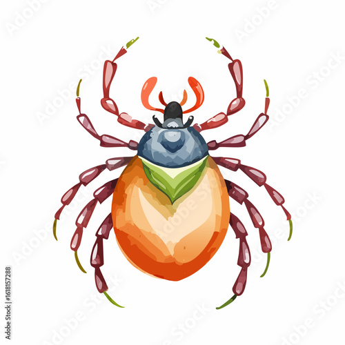 A colorful watercolor illustration of a tick with an orange body, blue scutum, and reddish-brown segmented legs.
