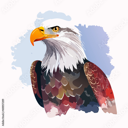 Majestic bald eagle portrait in a colorful, stylized illustration style with a sharp, intense gaze.