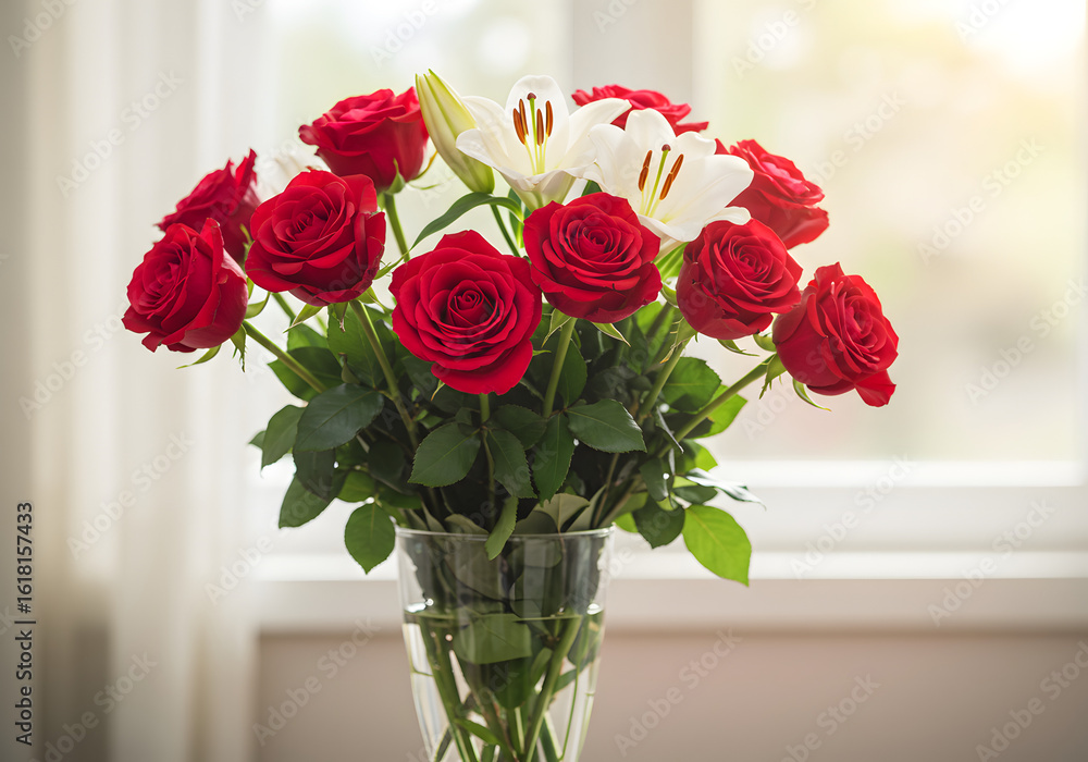 Obraz premium Red roses and white lilies floral arrangement in glass vase