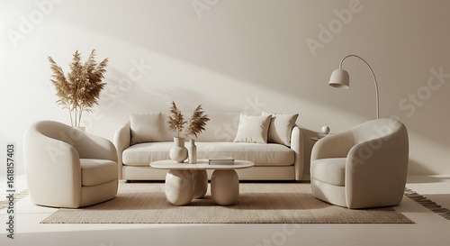 Elegant living room interior with modern beige sofa, armchairs, and pampas grass in a minimalist Japandi design
