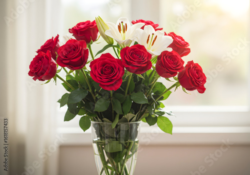 Wallpaper Mural Red roses and white lilies floral arrangement in glass vase Torontodigital.ca