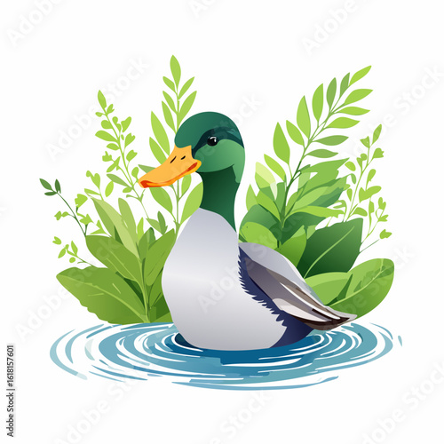Elegant male mallard duck with a vibrant green head swimming in rippling water among lush green foliage.