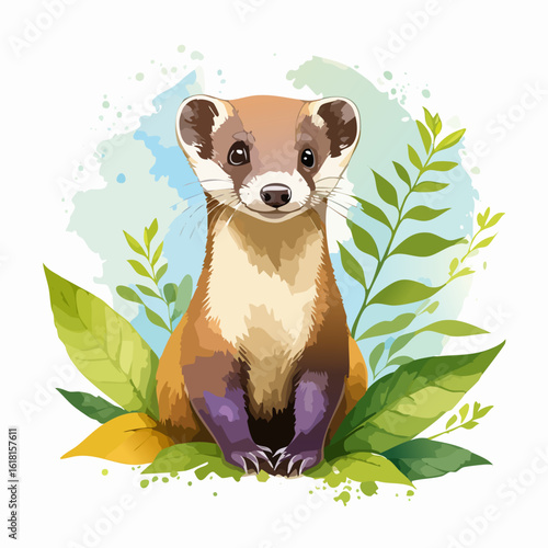 Charming watercolor illustration of a cute brown weasel with purple paws, sitting upright among lush green leaves.