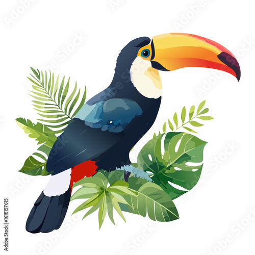 Exotic toucan bird with a vibrant, oversized beak, resting amidst lush green monstera and palm leaves.