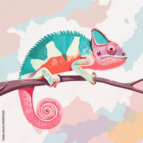 A vibrant, stylized chameleon in pink, teal, and orange, perched on a branch with a detailed spiky crest and a tightly curled spiral tail.