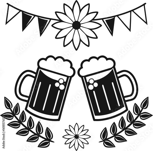 Two beer mugs clinking together with festive decorations
