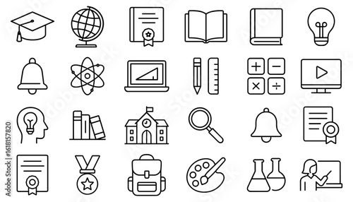 Black and white line drawing icons representing education and school learning tools including books maps and science for background or illustration of academic pursuits study and