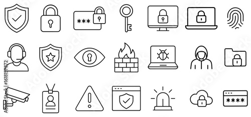 Cybersecurity thin line icons symbolize digital protection including firewall padlock shield hacker threat and biometric identification offering a conceptual representation of