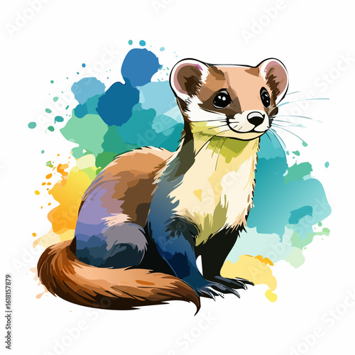 Colorful watercolor illustration of a cute sitting weasel with big eyes and vibrant paint splashes.