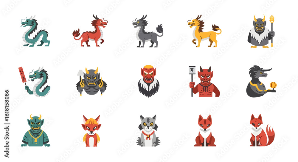 Obraz premium Mythical Creatures Vector Set Diverse collection of legendary beasts and folklore figures, including dragons and fantasy monsters. Ideal for cultural design and mystical illustrations.