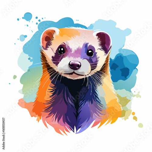 Vibrant watercolor ferret portrait with expressive eyes and colorful, stylized fur.