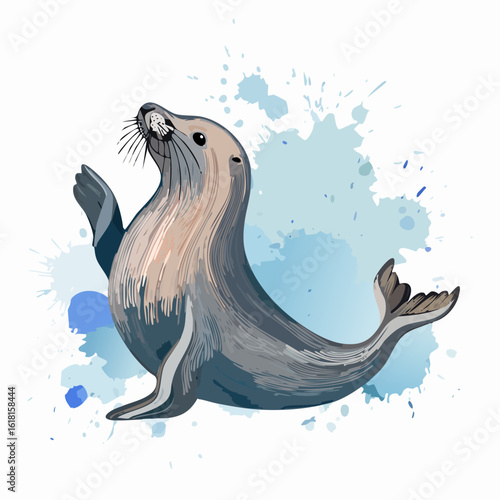 Playful grey seal illustration in a dynamic pose, with a raised flipper and detailed fur texture.