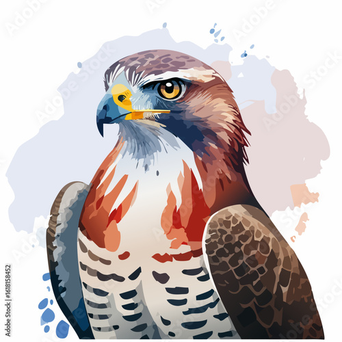 Majestic hawk portrait in a modern vector style with brown and red plumage and an intense gaze.