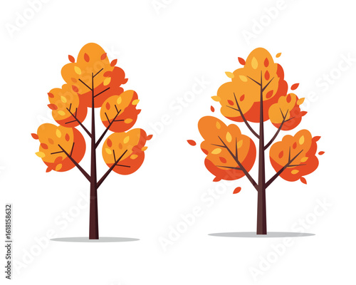 Photo of two vibrant autumn trees with orange leaves stand isolated on white background
