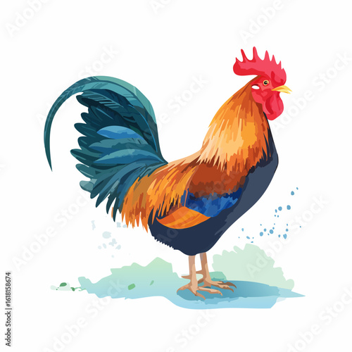 Colorful rooster illustration with a bright red comb and vibrant blue and orange plumage.