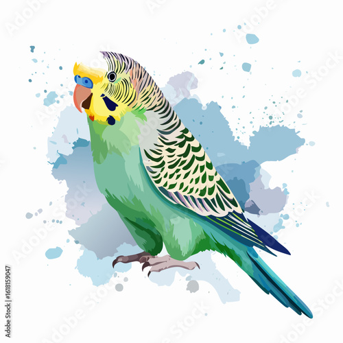 Chirping green budgerigar with a yellow face, blue cere, and detailed scalloped feathers.