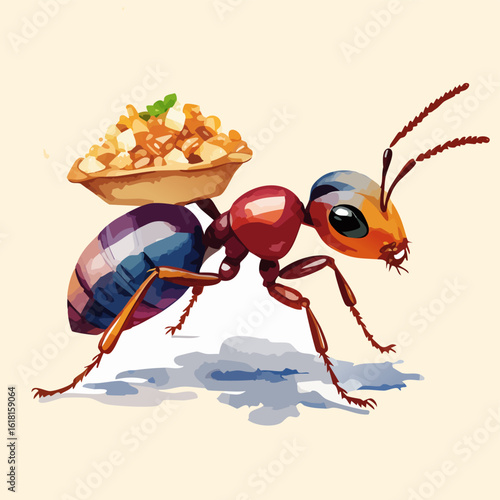 Colorful cartoon ant with a shiny exoskeleton carrying a miniature fruit pie on its back.