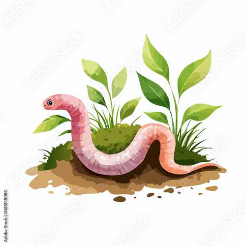 Cute pink cartoon earthworm with a large eye, emerging from a patch of soil and moss with green leaves.