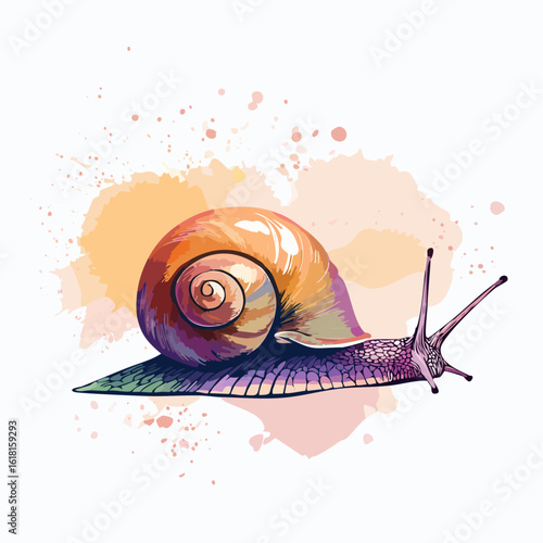 Artistic snail with a glossy orange spiral shell and textured purple body in a vibrant graphic illustration style.