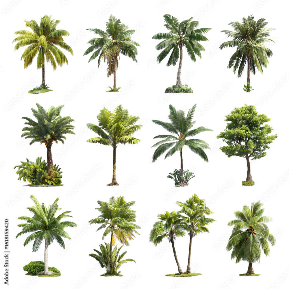 Fototapeta premium Collection of various tropical palm trees isolated on transparent background for design and illustration