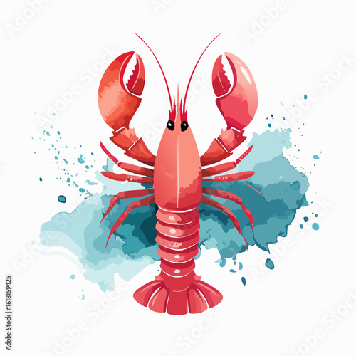 Stylized red lobster illustration with large raised claws and a segmented body.