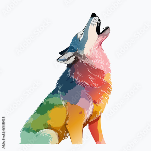 Stylized howling wolf with vibrant, multi-colored fur in a painterly watercolor design.