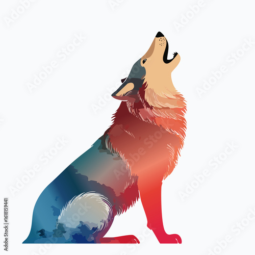 Stylized howling wolf illustration with a vibrant red and blue watercolor gradient body.