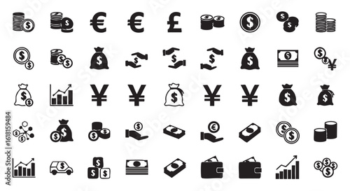 Black and White Financial Icons Representing Money and Investments in the Global Economy for Business Concepts