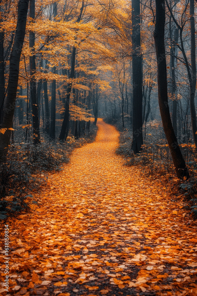 Fototapeta premium Autumn path winding through the woods.