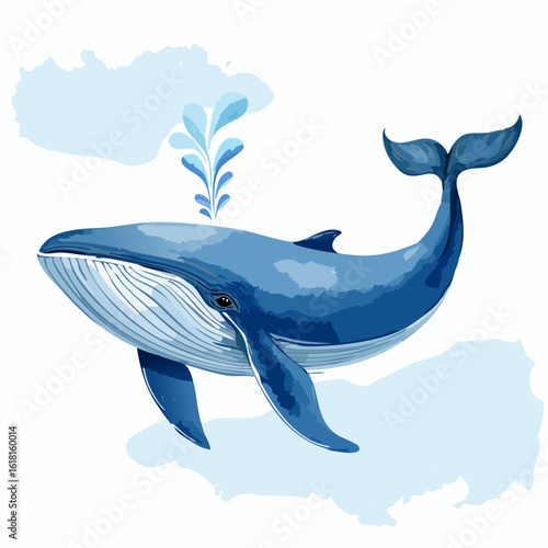 Artistic watercolor illustration of a majestic blue whale spouting water, with a gracefully arched tail and detailed pleated throat.