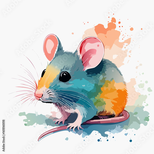 Colorful watercolor mouse with blue and orange fur, large pink ears, and expressive black eyes.