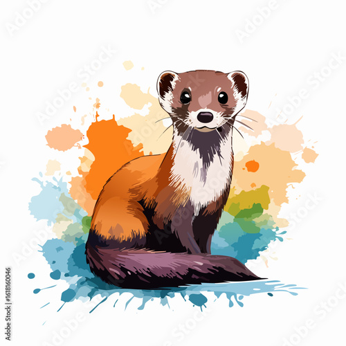 Cute brown weasel with a white chest, sitting attentively in a vibrant, artistic watercolor splash style.