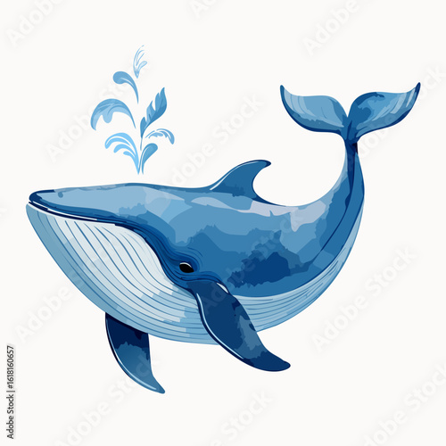 Graceful blue whale illustration in a watercolor style, spouting stylized water flourishes from its blowhole.