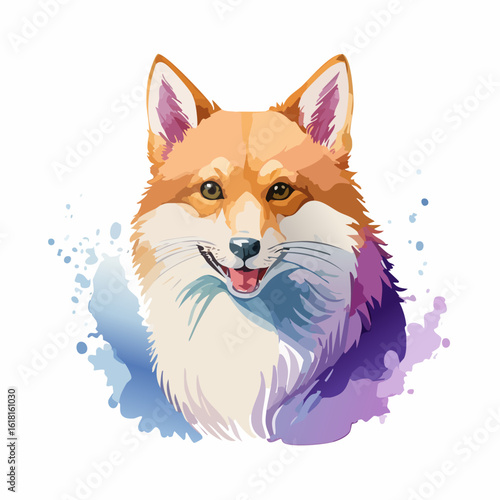 Cheerful red fox portrait with fluffy fur and vibrant blue and purple watercolor splashes.