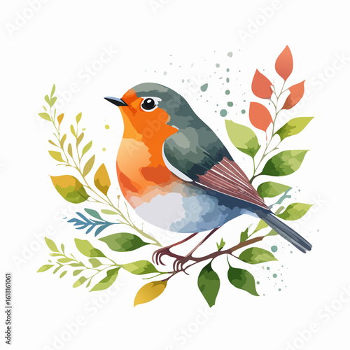 Charming watercolor illustration of a European robin with an orange breast, perched on a leafy branch.