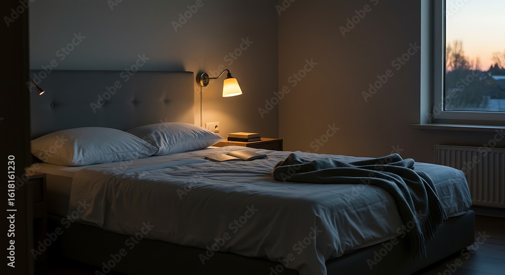 Fototapeta premium A tranquil and cozy bedroom setting at dusk, with a warm lamp illuminating a book on the comfortable bed.