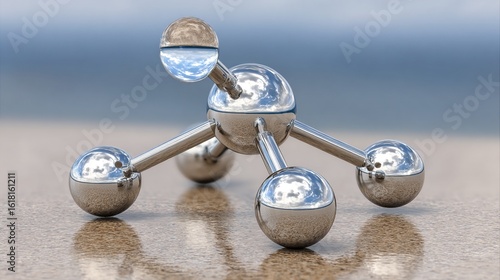 3D Molecular Model with Reflective Spheres and Rods, Ideal for Science and Technology Themed Poster Design