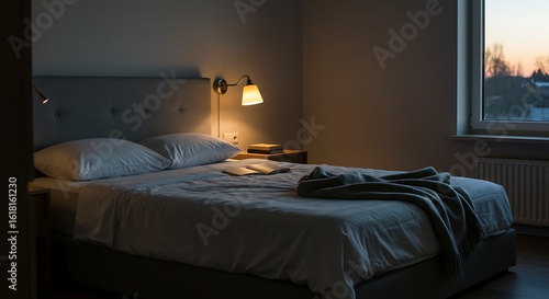 A tranquil and cozy bedroom setting at dusk, with a warm lamp illuminating a book on the comfortable bed.