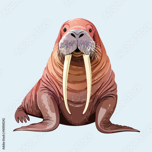 Stylized illustration of a large walrus with prominent ivory tusks and thick whiskers, sitting in a frontal pose.
