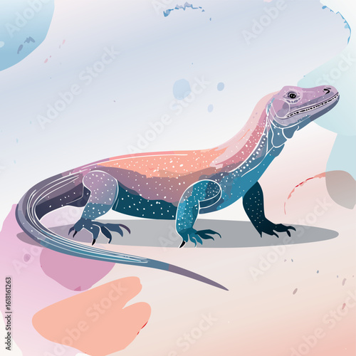 Stylized Komodo dragon with a cosmic pastel gradient and speckled skin.