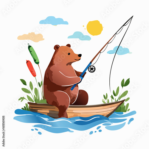 A charming cartoon brown bear character fishing patiently from a small wooden boat on a sunny day.