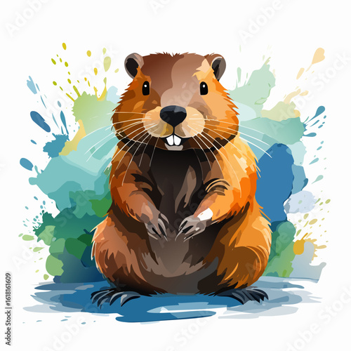 A charming cartoon groundhog with large buck teeth, sitting upright in a colorful watercolor splash style.