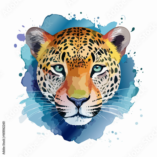 Artistic leopard head portrait with intense green eyes and blue watercolor splashes.