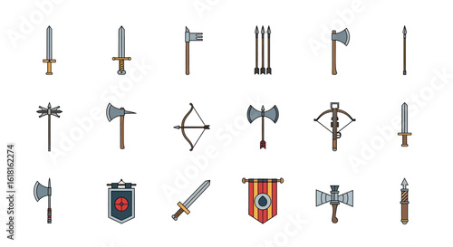 Set of colorful medieval weapon icons for fantasy and history. Vector illustration of swords, axes, crossbows, and shields.