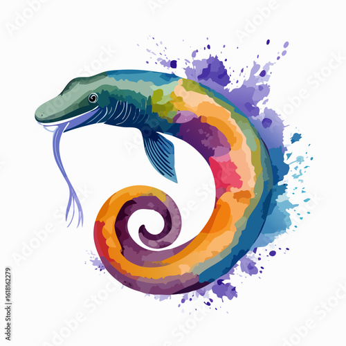 Stylized rainbow fish-serpent with a curled spiral tail and vibrant watercolor splashes.